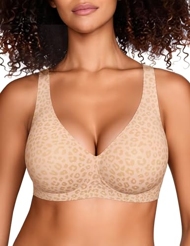 Vertvie 2026 Womens Wireless Jelly Bras Push Up Cup-Engineered Support Deep V Lift Bra Seamless No Underwire T-Shirt Bralette(Nude Leopard 40B)