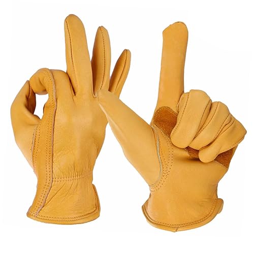Ipetboom 1 Pair Men's Leather Cycling Gloves Cowhide Anti-slip Odorless for Work Gardening and Outdoor Gloves