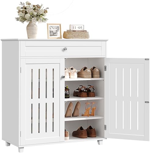Yaheetech Shoe Cabinet, 4-Tier Shoe Storage Cabinet with Drawer & Adjustable Shelves, Wooden Shoe Rack Organizer with Louvered Doors for Entryway, Hallway, Closet, Living Room, White