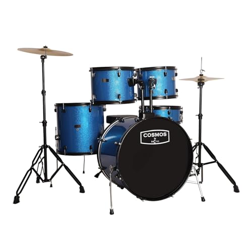 Image of ARCTIC COSMOS 5 Piece Complete Acoustic Drum Kit /Drumset with drumsticks, Cymbals and throne - With Hardware. Best Sounding shells, most durable build. (Blue)