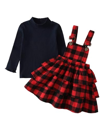Momkonzz My First Christmas Outfit Baby Mädchen Weihnachtskleid für Kleinkinder Langarm Rot kariert Hosenträgerrock Set (Rot 2-3 Jahre)