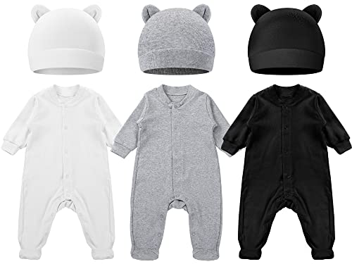 Image of Jexine 3 Set 0-3 Months Cotton Romper Jumpsuit Bodysuit with Bear Ears Hat White, Gray, Black