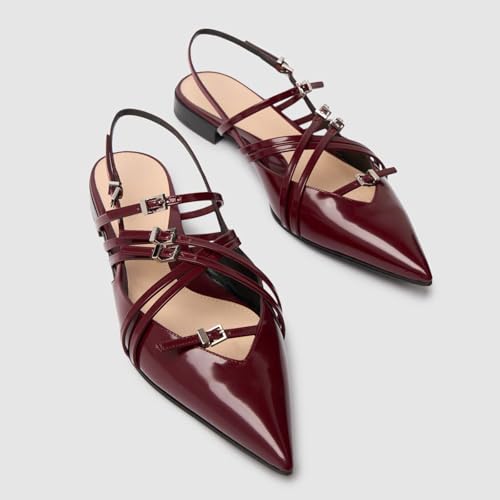 Goolita Patent Leather Buckle Slingback Ballet Flats for Women, Low Heel Pointed Toe Ballerina Shoes Comfortable Strappy Dress Flats Shoes3