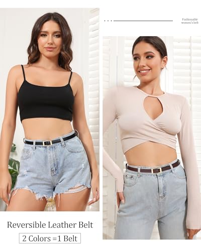 AWAYTR Skinny Reversible Leather Belt - Hole Free Thin Waist Belt for Women Jeans Dress with Gold Buckle4