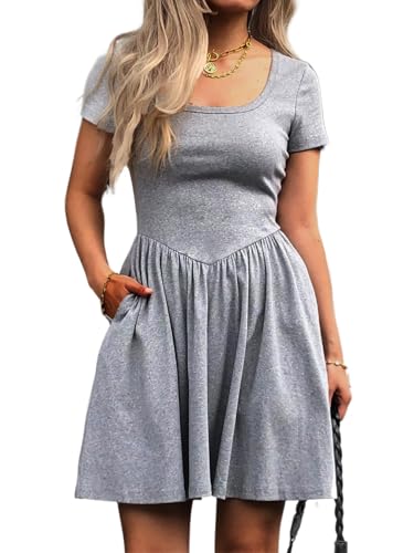 Image of Mieazom Women's Summer Casual Short Sleeve Mini Dress Square Neck A Line Pleated Swing Dresses Basic Short Dress with Pockets