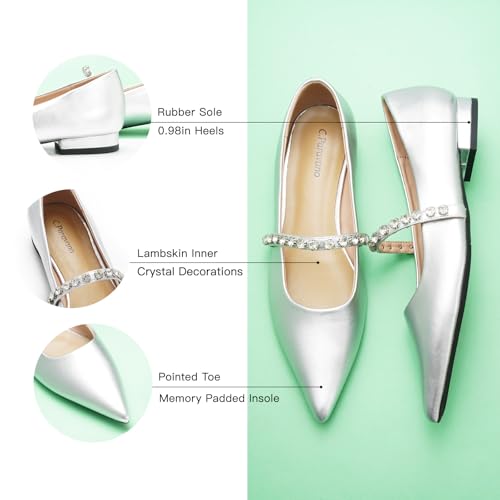 C.Paravano Crystal Strap Flats Pointed Toe Shoes Mary Jane Women's Flats for Dressy Office Causal (Size 8.5,Silver)4