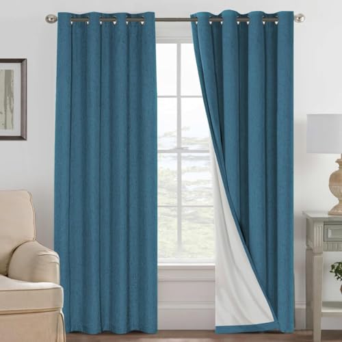 Image of H.VERSAILTEX Linen Curtains 100% Blackout Curtains for Bedroom 102 inch Long Full Light Blocking Nature Linen Blended Window Curtains for Living Room Nickel Grommet (2 Panels, Blue Sapphire)