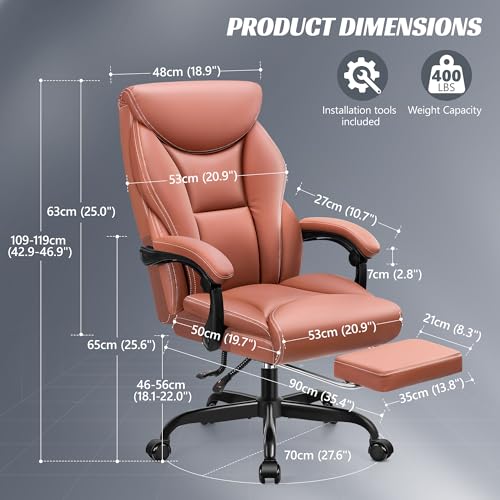 Office Chair, Executive Leather Chair Big and Tall Ergonomic Computer Desk Chair, Comfy Swivel Rolling Reclining Lumbar Support Task Chair with Adjustable High Back Foot Rest for Home Gaming - Image 3