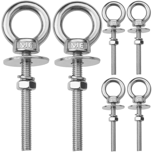 Image of 6 Pack M6 Stainless Steel Eye Bolts with Nuts, 1 /4 inch x 2 inch Eye Bolts | 304 Stainless Steel Eye Bolt,Eye Bolts Heavy Duty for Hang Tie Down Outdoor,m6 eye bolt,Long Lifting Ring Eye Bolt