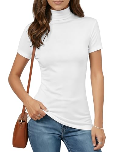 Cuptacc Tshirt Damen Kurzarm Rollkragen T-Shirt Hautfreundlich Komfort Basic Elegant Pullover Damen Winter Einfarbig Slim Fit Oberteile Weiß M Mittel