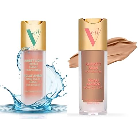 Veil Cosmetics | 1 Sunset Skin Liquid Foundation + 1 Sunset Light 3-in-1 Primer | 3P | Buildable Coverage, Lightweight & Brightening | Serum, Mixing Base, Primer | Water-Resistant | Vegan Cover