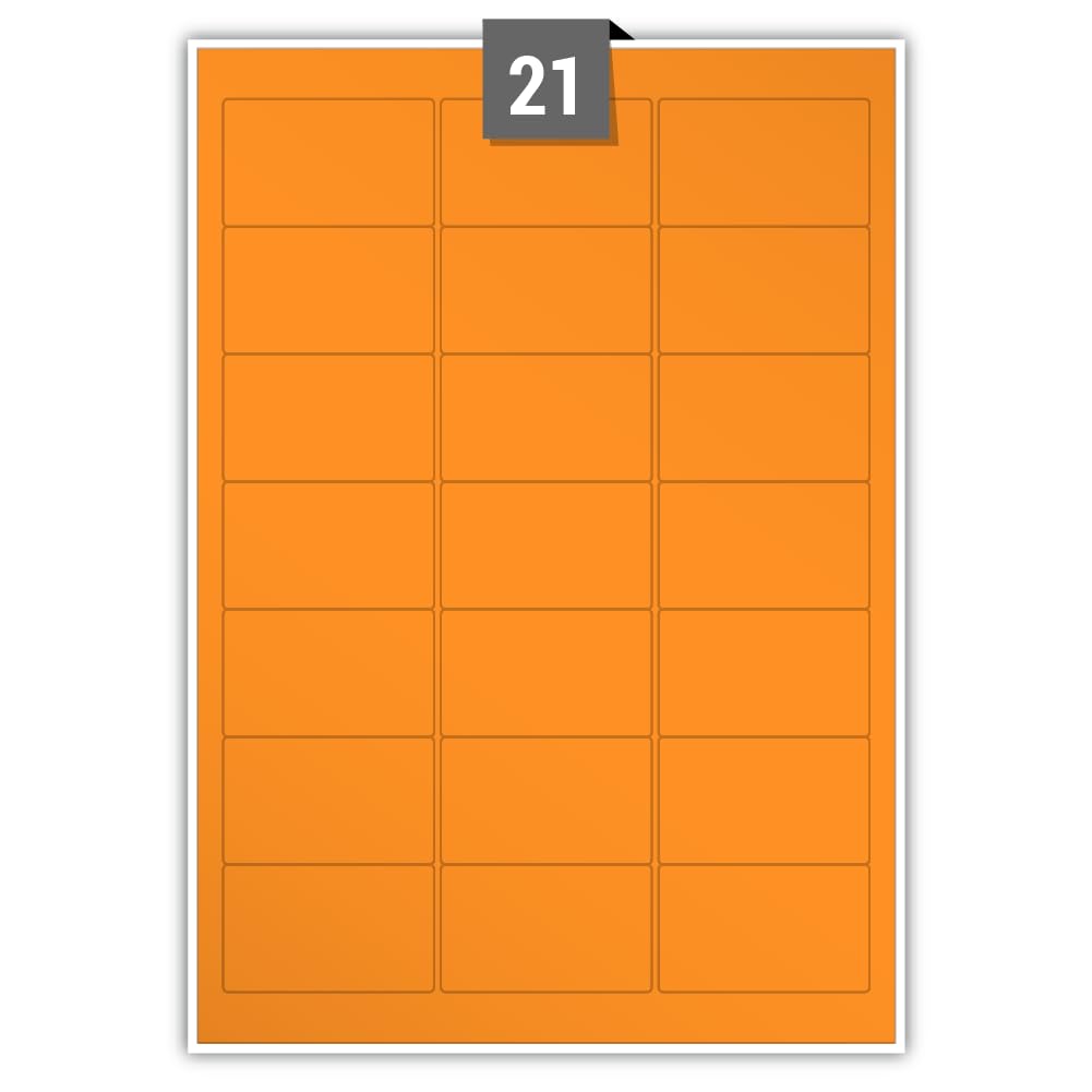 Matt Permanent Adhesive Dry Edge Orange Paper Labels 21 Rectangle Printable Labels per A4 Plain Sheet – Label Paper Size 63.50 mm x 38.10 mm Ideal for Office, Packaging, Shipping