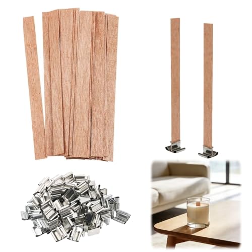 100-Pack Crackling Wooden Candle Wicks Natural Thick & Smokeless 0.75 x 5.12 Inch with Metal Wick Clips and Holder Bases