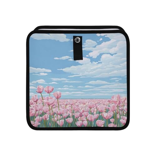Image of Car Trash Can Organizer Bin with Adjustable Strap for Back Front Seat Console Waterproof Leakproof Collapsible Portable 11 Inch Pink Tulip Field and Blue Sky