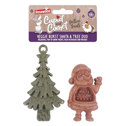 Rosewood Cupid & Comet Veggie Burst Santa and Tree Duo for Small Animals – Treat and Gnaw, Made with Natural Grasses and Vegetables, Boredom Breaker Treats for Rabbits, Guinea Pigs and Hamsters