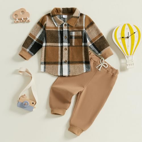 Toddler Boys Fall Outfits Plaid Flannel Baby Boy Jacket Button Down Shirts Pants 2Pcs Festival Clothes Set2