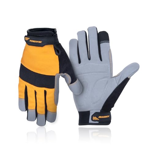 Image of POWERTEC Safety Work Gloves | Work Gloves for Men and Women, Touch Screen, Flexible Breathable, Fit Padded Palm for Vibration Reduction, For Construction, Mechanical work & Light work 1 Pair (Size XL)