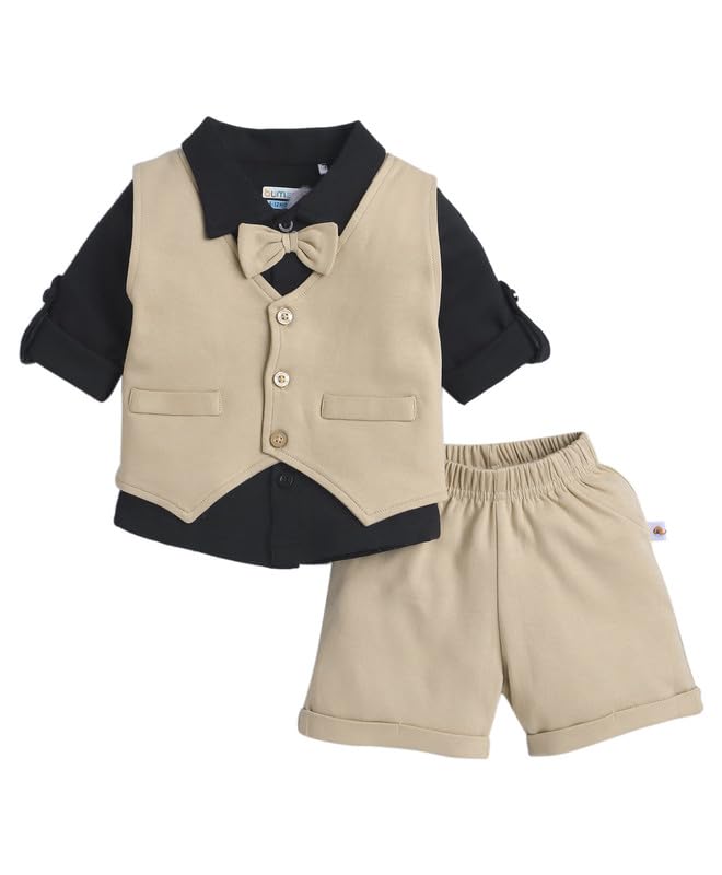 Image of BUMZEE Boys Regular Fit Full Sleeves Collar Neck Cotton Shirt Waistcoat & Short Set With Applique Bow