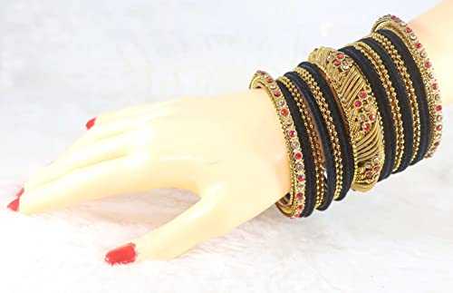 Image of NMII Metal with Zircon Gemstone and Beads Studded Ball Chain Linked Glossy Finished Velvet Bangles Chuda set for Women and Girls