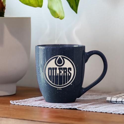 Image of Rico Industries NHL Hockey Edmonton Oilers Navy Personalized 16 oz Team Color Laser Engraved Speckled Ceramic Coffee Mug