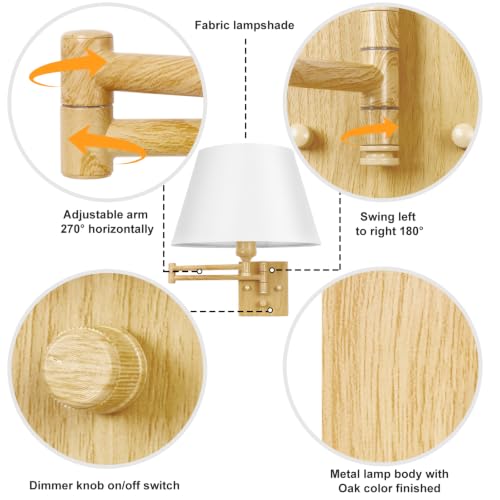 Image of TRLIFE Remote Control Dimmable Wall Sconce, Adjustable Color Temperature 2700K-6500K Brushed Brass Swing Arm Wall Lights with Plug in Cord, 11.8 inch Large White Shade(2 Pack, Oak Color)