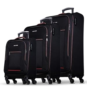 NOWI Sevilla Kofferset 3-teilig – Weichschalen Trolley Set (30L, 50L, 76L) mit 4 Rollen & Zahlenschloss | Leichte Reisekoffer in verschiedenen Größen (Schwarz-Rot, Set)