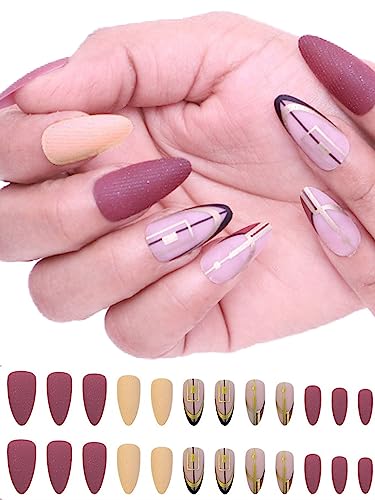 Image of Secret Lives Premium Reusable Artifical Press on Nails Almond Shape Light Brown & Black Color with Golden White Pearl Fake Nail 24 Pieces Set with Kit