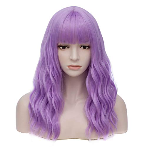 Women's Light Purple Wavy Wig with Bangs Middle Length Synthetic Wigs for Daily Use or Costume