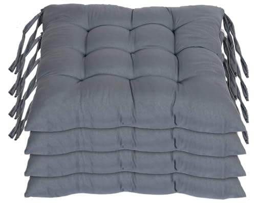 Image of Rajasthan Crafts Pack of 4 Chair Pad | Chair Cushion Pad | Microfiber Square Chair Pads with Ties | Seat Cushion for Chair Office, Sitting, Pooja, Dining & Office Tables (16x16 Inch, Grey)