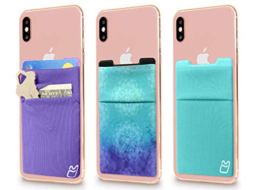 (Three) Stretchy Cell Phone Stick on Wallet Card Holder Phone Pocket for iPhone, Android and All Smartphones. (Mandala&Teal&Purple)