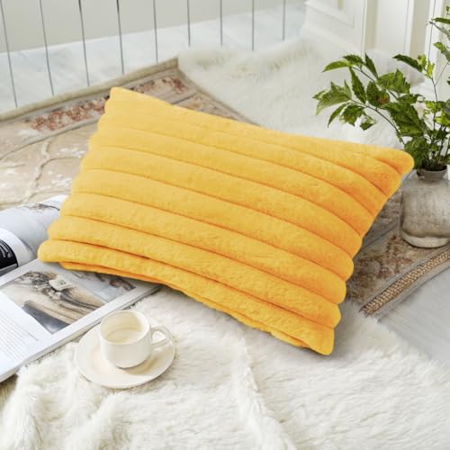 Image of decorUhome Fall Cozy Faux Fur Throw Pillow Covers 12x20 Set of 2 Decorative Plush Striped Lumbar Modern Farmhouse Boho Couch Pillow Cases with Velvet Back for Sofa Bed Living Room, Mustard Yellow