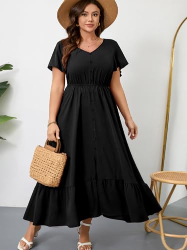 Image of RWJ Women Plus Size Maxi Dress V Neck Short Sleeve Button Trim Split Flowy Tiered Casual Long Dresses 2025 L-3XL
