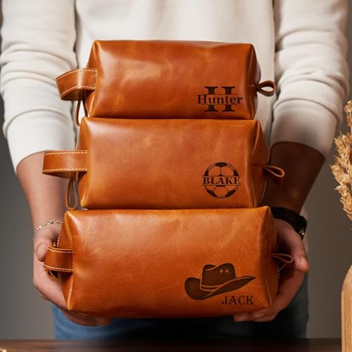 Handcrafted Personalized Genuine Leather Toiletry Bag for Men, Custom Dopp Kit Gift with Monogram, Ideal Gift for Groomsmen, Travel Pouch with Zipper Closure, Gift for Fathers Day Wedding or Travel