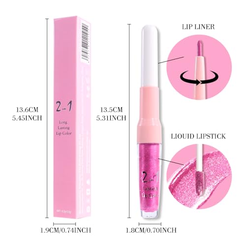 Image of evpct Hot Pink Metallic Glitter Lip Liner and Lipstick Combo Lip Gloss Stain Set Makeup for Women Long Lasting Waterproof 24, Rose Pink Frosted Metallic Shimmer Glossy iridescent Liquid Lipstick 07
