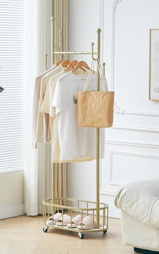 BOOSDEN Kleiderständer Metall, Vintage, Kleiderstange auf Rollen, Gold, Fahrbar Mit Ablage und 4...