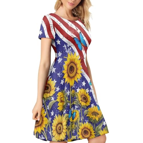Image of HUGS IDEA Womens Puffy Swing Midi Dress Round Neck Short Sleeve Party A-Line Dresses
