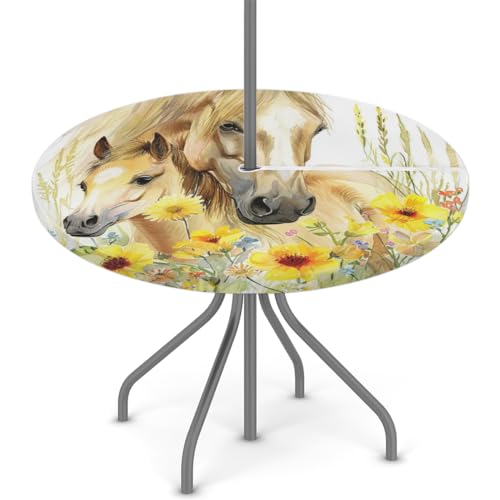 YPPAHHHH Round Outdoor Fitted Tablecloth with Umbrella Hole, Horse Flowers Elastic Table Cloth Floral Horse Pattern Waterproof Table Cover with Zipper for Patio Picnic, 45