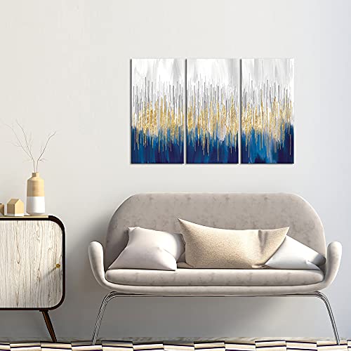 Ilooklike 3 Panels Abstract Canvas Wall Art Gold And Blue Painting Prints Modern Gold Foil Wall Decor Teal Blue Artwork Stretched And Framed For Living Room Bedroom 16X32Inchx3Pcs #TOP2