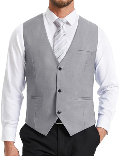 HISDERN Chaleco Traje Hombre Gris Claro Formal Elegante Chalecos de Vestir para Hombre Boda Fiesta Negocio Clásico Color Liso con Bolsillo L
