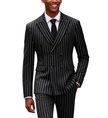 UNINUKOO Mens 2 Piece Pinstripe Suit for Men Double Breasted Tuxedo Business Wedding Dinner Party Jacket Pants Suit Set US Size XL Black