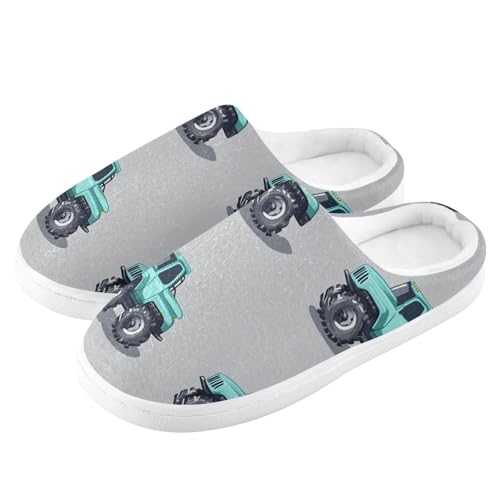JUNZAN Cartoon Truck Car Grey Cotton Slippers for Men Closed Toe Memory Foam Bedroom Shoes for Outdoor Funny Presents 6-74