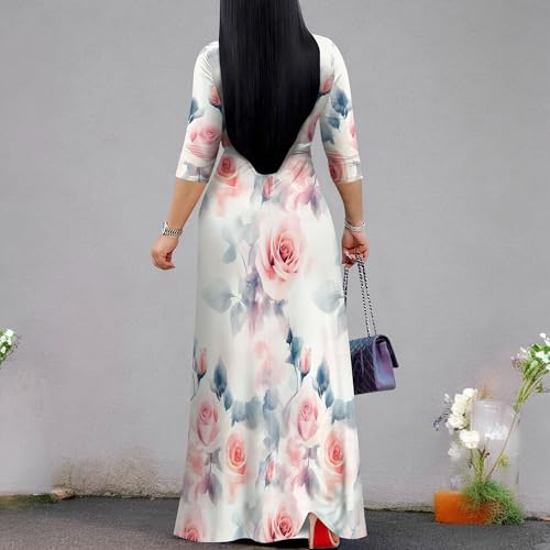 Image of PinkPatty Women's Plus Size Maxi Dress Casual 3 /4 Sleeve Dress with Belt | Soft stretch feel, printed style, flowy A-line fit, v neck, waist tie, side pockets, for vacation, party and daily wear