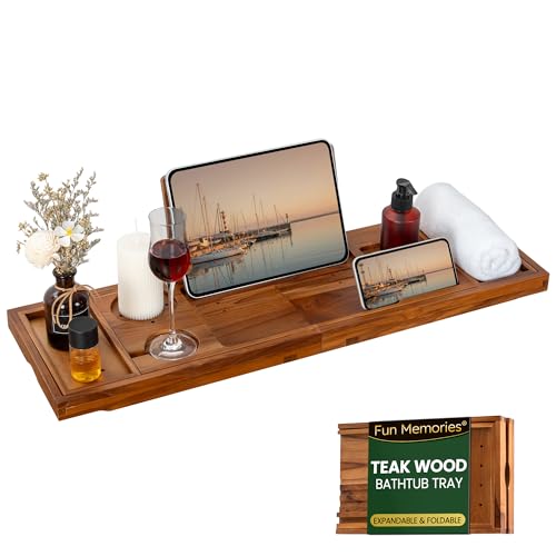 Teak Bathtub Tray - Luxury Bath Tray with Expandable Handles Wine Glass and Phone Holders Book Stand - Perfect for Home Spa Relaxation and Reading - Natural Bath Accessories - Light Walnut Color