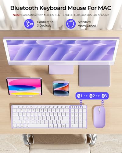 Image of seenda SKM64-2 Bluetooth Keyboard Mouse Combo for Mac, Silent, Rechargeable | Triple Bluetooth for 3-Device Switching, Wireless Compact Slim Combo for Mac MacBook Pro /Air iPad iPhone, White Purple