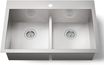 KOHLER Vault(TM) 33 x 22 x 9-5/16 Smart Divide(R) top-/under-mount double-equal bowl kitchen sink with single faucet hole