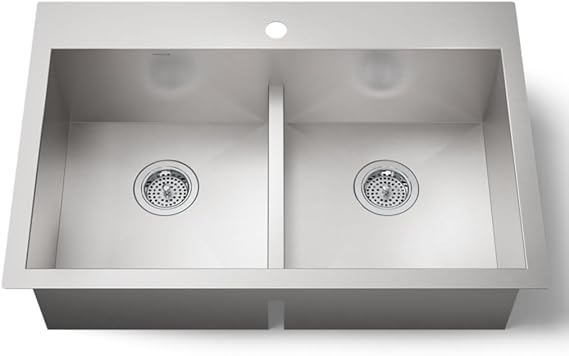 KOHLER Vault(TM) 33 x 22 x 9-5/16 Smart Divide(R) top-/under-mount double-equal bowl kitchen sink with single faucet hole