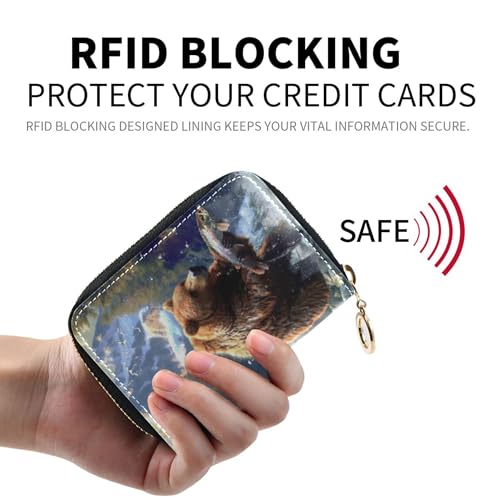 Vivid Brown Bear River Print Women Wallet Leather 9 Credit Card Slots & 2 Cash Slots Funny Travel Wallet with Zipper2