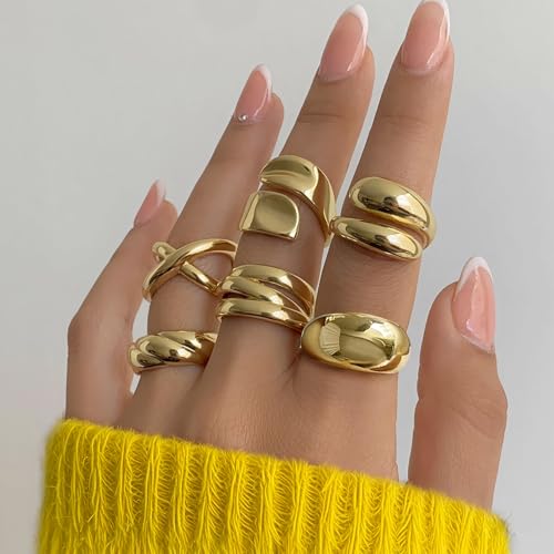 YEEZII Chunky Gold Rings for Women Non Tarnish, 18K Gold Plated Stackable Thumb Ring, Statement Women Rings Set2
