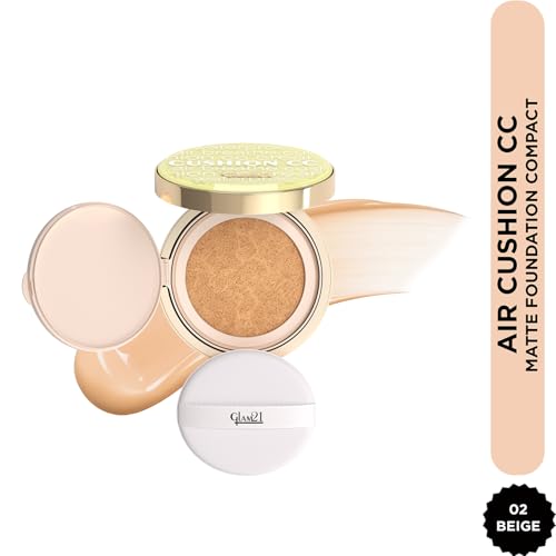 Image of Glam21 Air Cushion CC Matte Foundation Compact | High Coverage Lightweight Foundation for Indian Skin | Long Lasting, Oil Control, Smooth Airbrushed Finish | Travel Friendly Cushion Compact- 11gm (Beige-02)