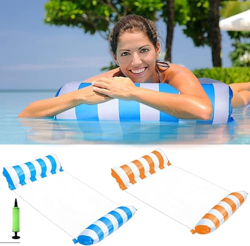 Set 2 Amaca Galleggiante Con Rete XL Blu e Arancione con Pompetta – Materassino Gonfiabile Con Retina 4-in-1 Multifunzionali, Amache Galleggianti Mare e Piscina, Poltrona Lounge, Lettino Relax